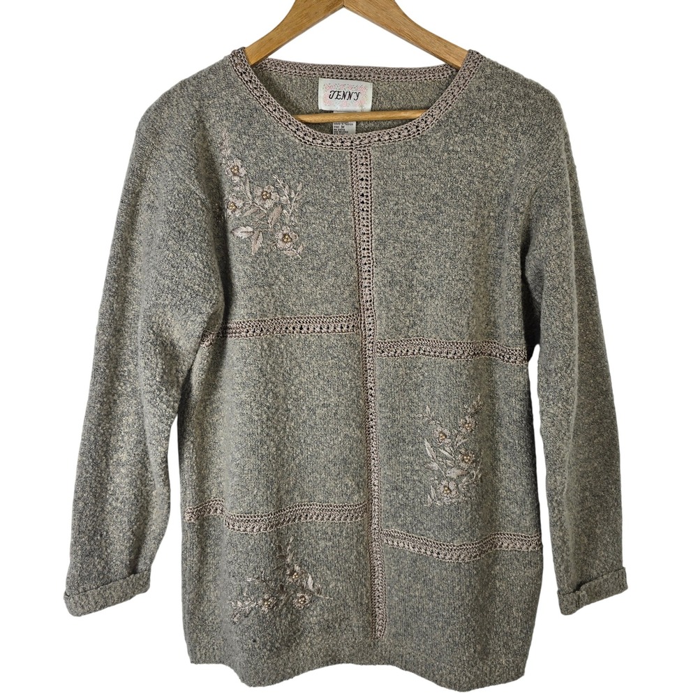 VTG Jenny Womens Medium Embroidered Floral Grannycore Sweater Knit Pullover Top